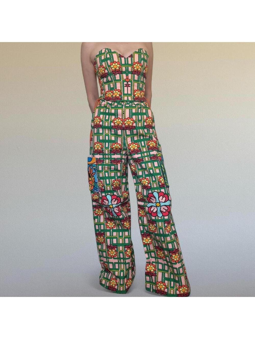 Custom retro print corset and pants set